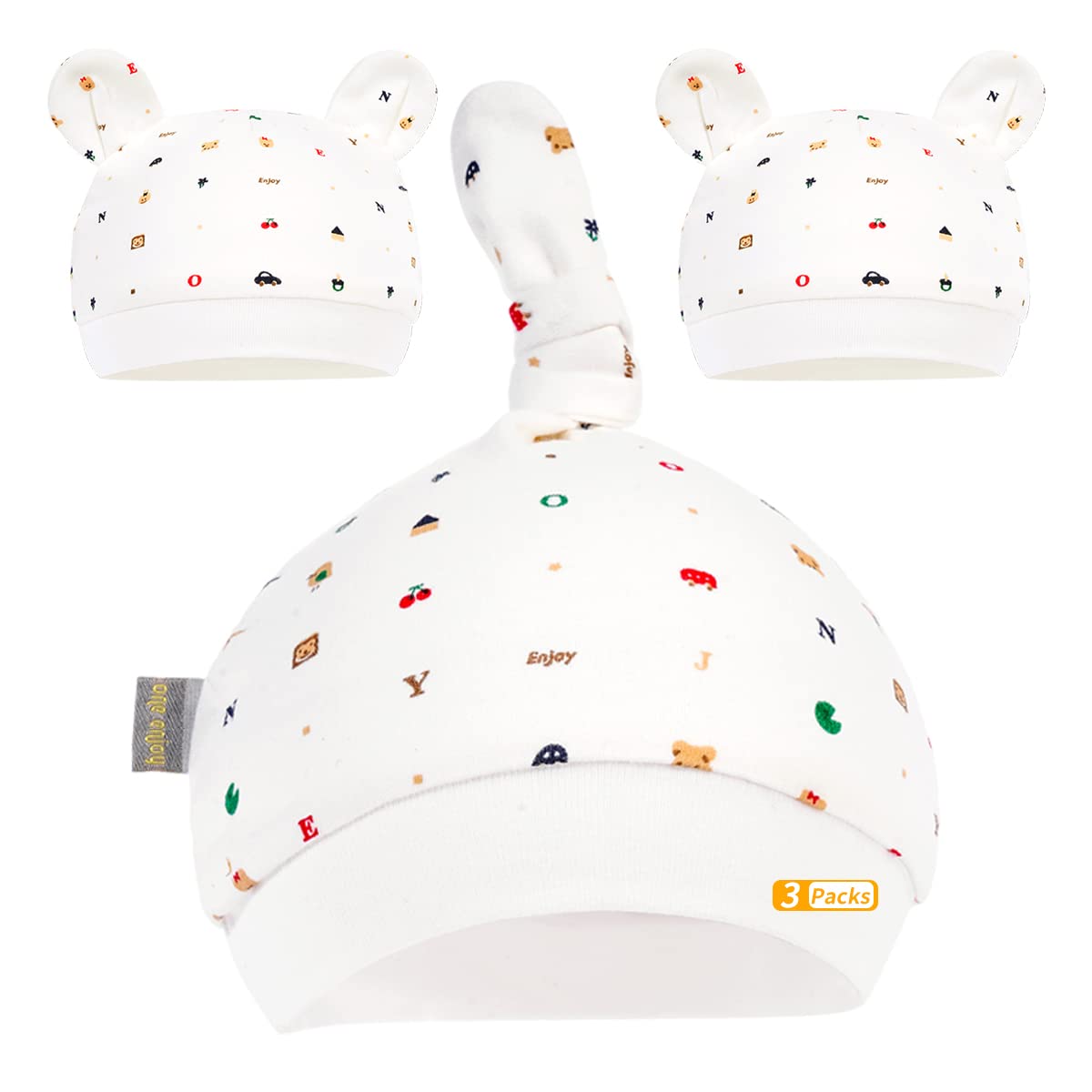

Baby Hats Organic Soft and with Bear Perfect for Baby Baby and Head Protection (6-12 Months), 3-Piece Set, 100% Cotton, Comfortable, Ears, Unisex,