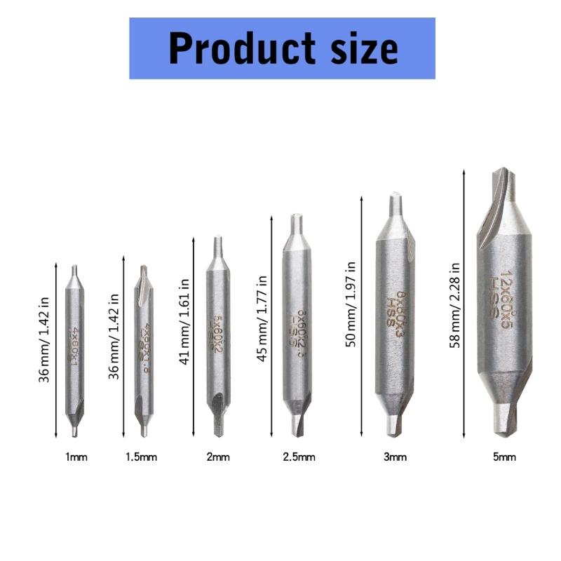 6Pcs High Speed Steel Center Drill Bits Set Countersink Drill Bit Adapter for Lathe Metalworking Size 1/1.5/2/2.5/3/5mm