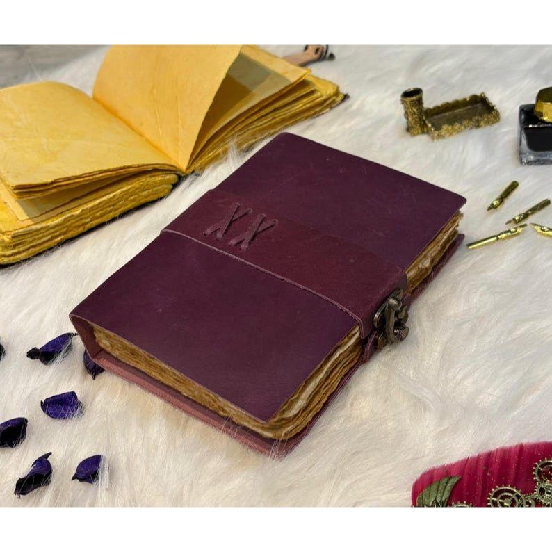 

Handcrafted Purple Vintage Leather Journal with Antique Paper – Ideal for Writing, Sketching, Gifting – Grimoire Journal 8 x 6 in