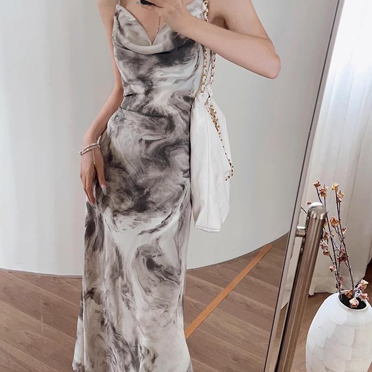 Adjustable Spaghetti Strap Ink Painting Bodycon Fishtail Dress - Chinese Style