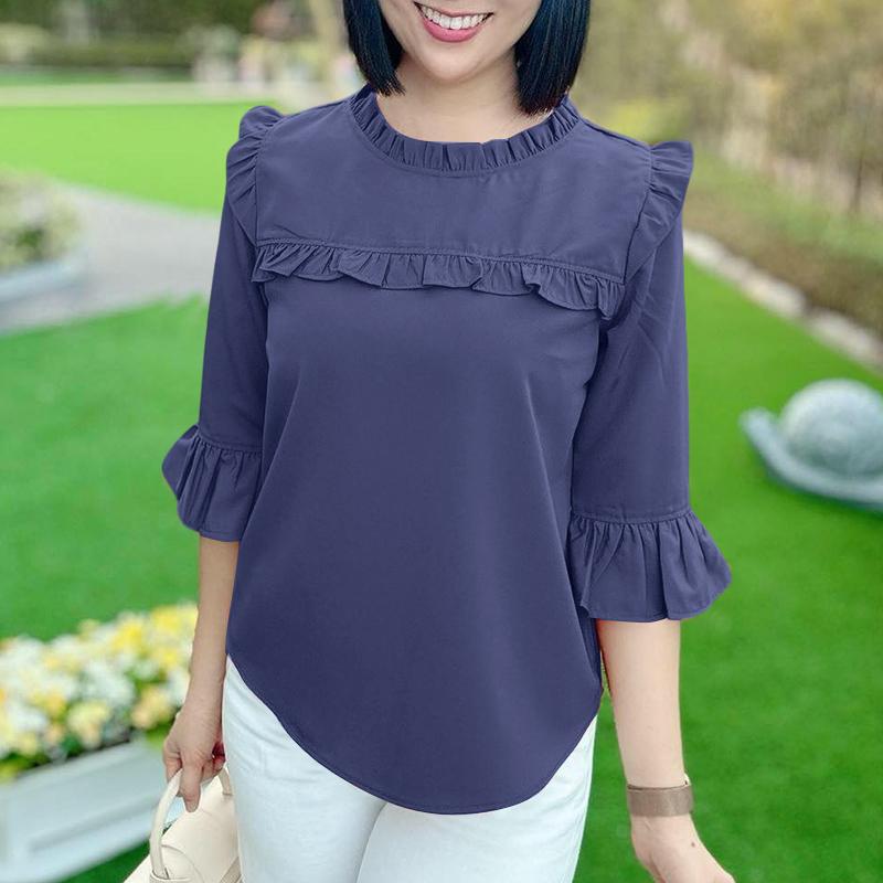 ZANZEA Women Casual Fungus Ruffled Edge Crew Neck 3/4 Sleeve Blouse