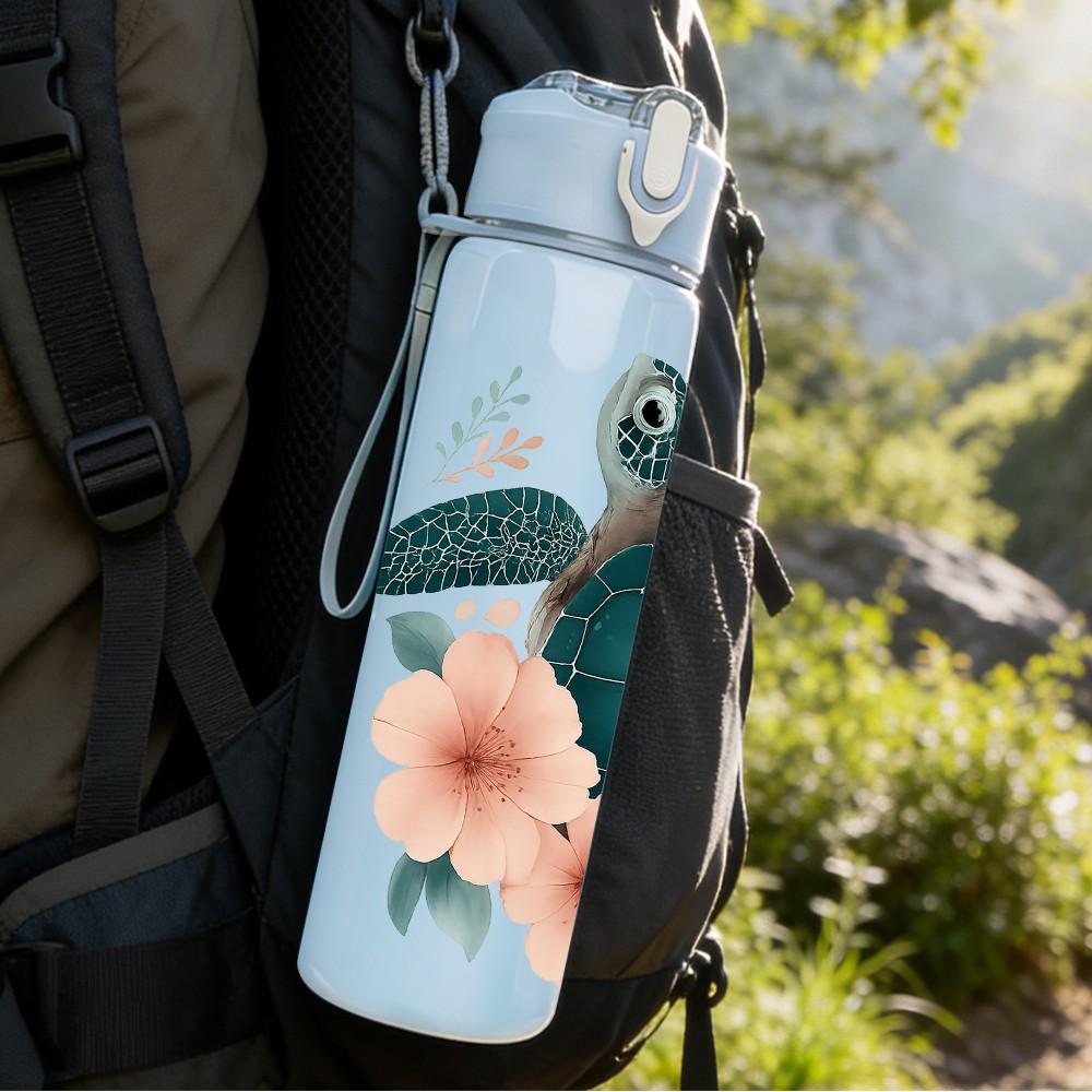 1 Stück Florales Meeresschildkröten-Print 750ml Farbe Kunststoff Sport-Wasserflasche Auslaufsicher Klappdeckel mit Strohhalm Geeignet für Sport Büro Heimgebrauch