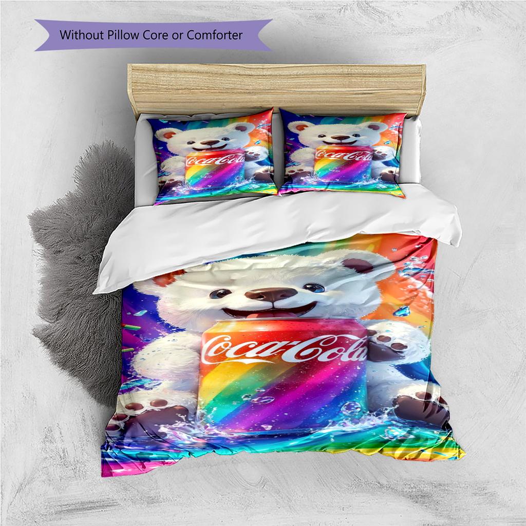Coca-Cola Polar Bear Rainbow Print 3PCS Bedding Set, Duvet Cover with Pillowcases, No Comforter Included