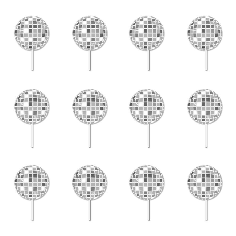 12/24pcs Glitter Mirror Disco Ball Cake Toppers 1970s Silver Ball Cake Picks Disco Theme Dance Birthday Bachelorette Party Decor