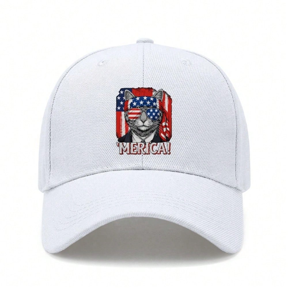 [Black Baseball Cap]  merica! Cat USA Flag Print Unisex Adjustable Lightweight Breathable Streetwear Baseball Hat For Patriotic Events Concerts белый