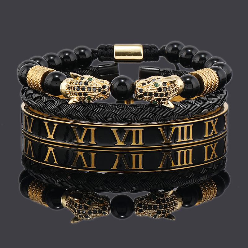 Luxury Black Stone Beads Leopard Head Man Bracelet Enamel Stainless Steel Roman Bangles Women Jewelry 3 pieces make a set