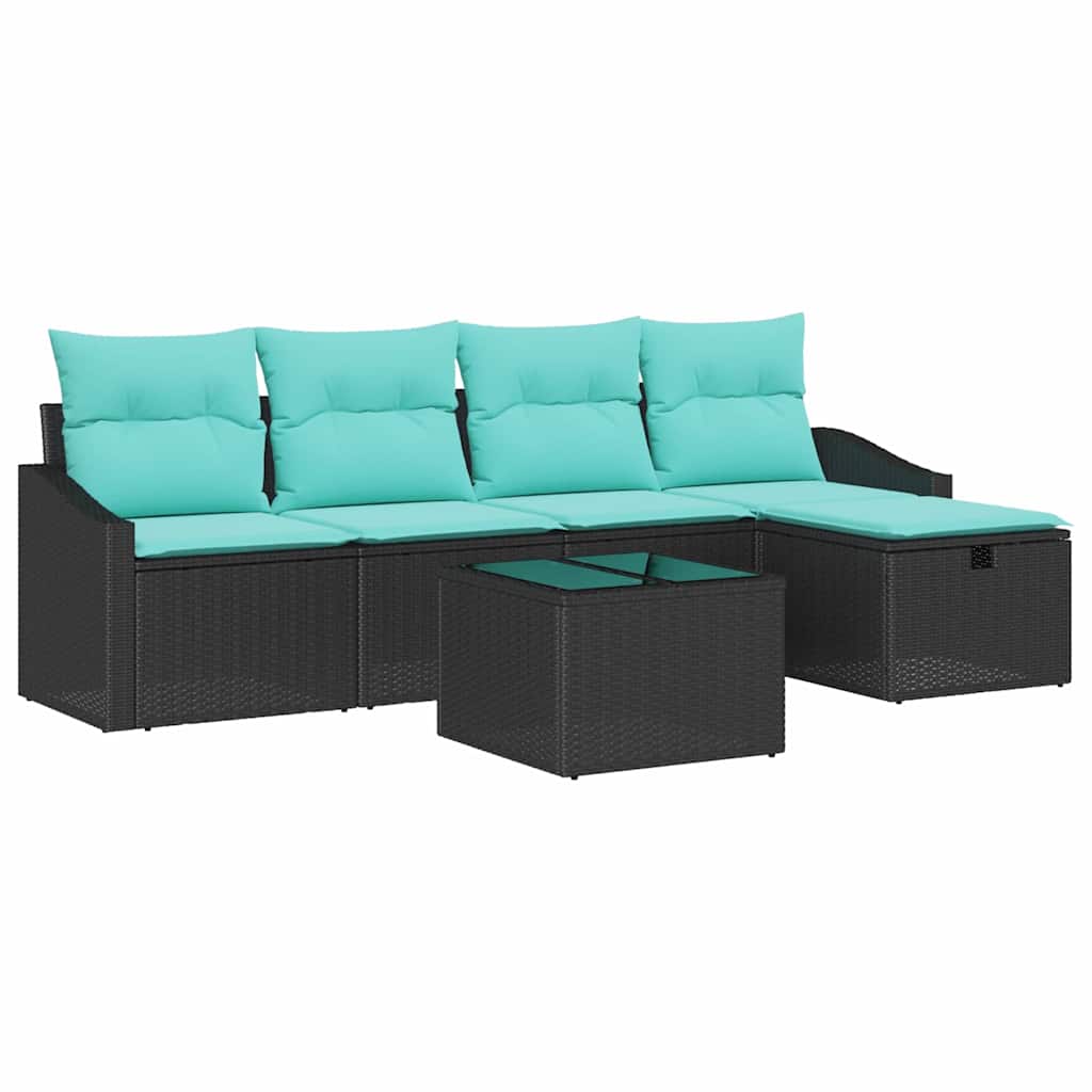 6 Piece Sofa Set with Cushions and Storage Black Poly Rattan