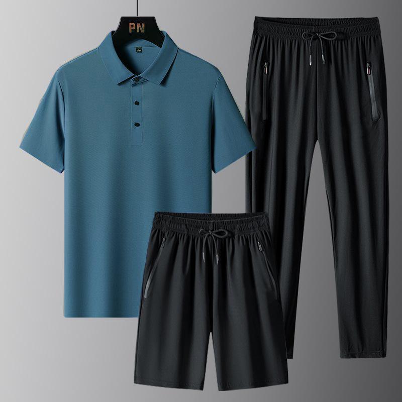 Men's Summer Silky Lapel POLO Shirt Short Sleeve Suit Youth Ice Silk Pants Casual Sports Two Sets
