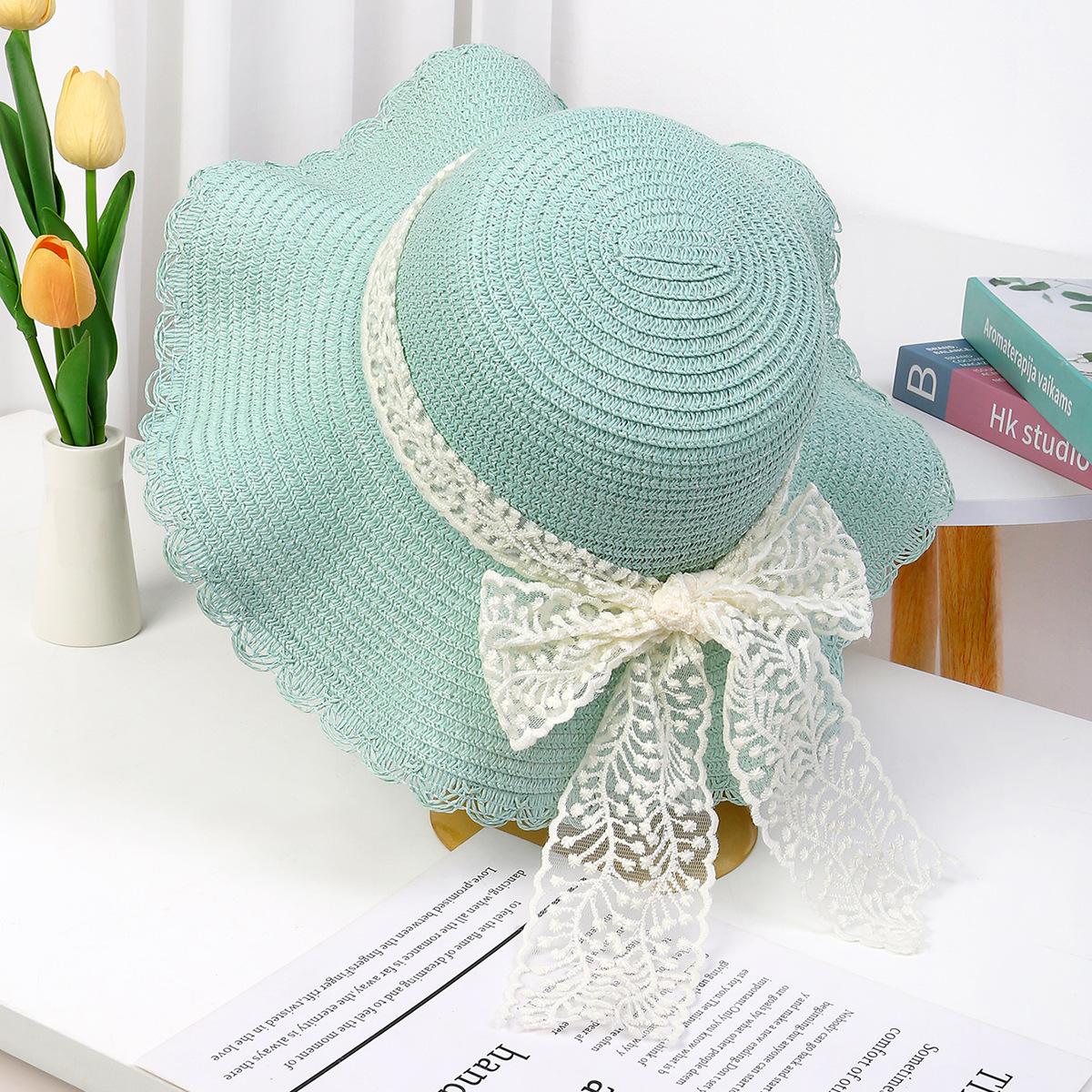 

Женская летняя шляпа в корейском стиле, плетеная из бумажной соломки, с кружевом, бантом, лентой и волнистыми полями, с круглой тульей, модная шляпа для защиты от солнца one size мятный зеленый