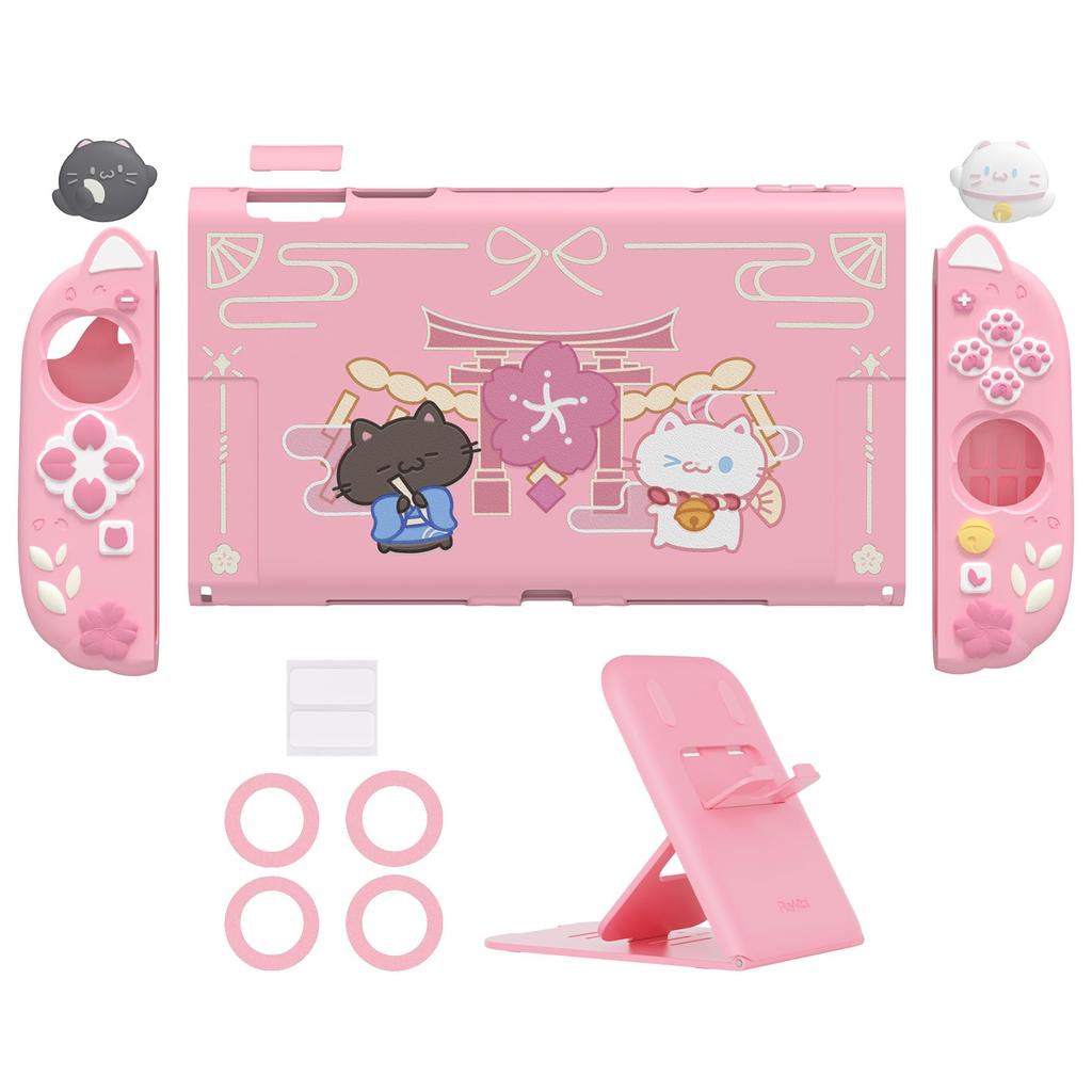 PlayVital Protective Cover Set for Switch Compatible with Switch 2 Includes Cat Ears Paw Silicone PC Adjustable Stand Japanese Sakura Kitten Design 2,