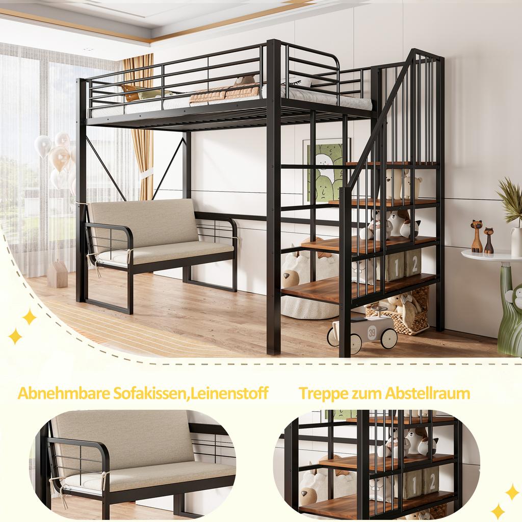 Etagenbett (90 x 200) mit stabilem Metallrahmen, abnehmbarem Polstersofa, Stauraum und Sicherheitstreppe. Geeignet für Kinder und Erwachsene. Schwarz.