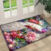 Golden Diamond Velvet Plush Area Mat Luxurious Peacock Floral Design Anti Slip Bottom Machine Washable Bedroom Dorm Living Room