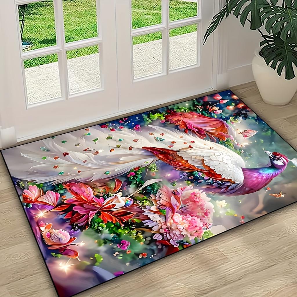 Golden Diamond Velvet Plush Area Mat Luxurious Peacock Floral Design Anti Slip Bottom Machine Washable Bedroom Dorm Living Room