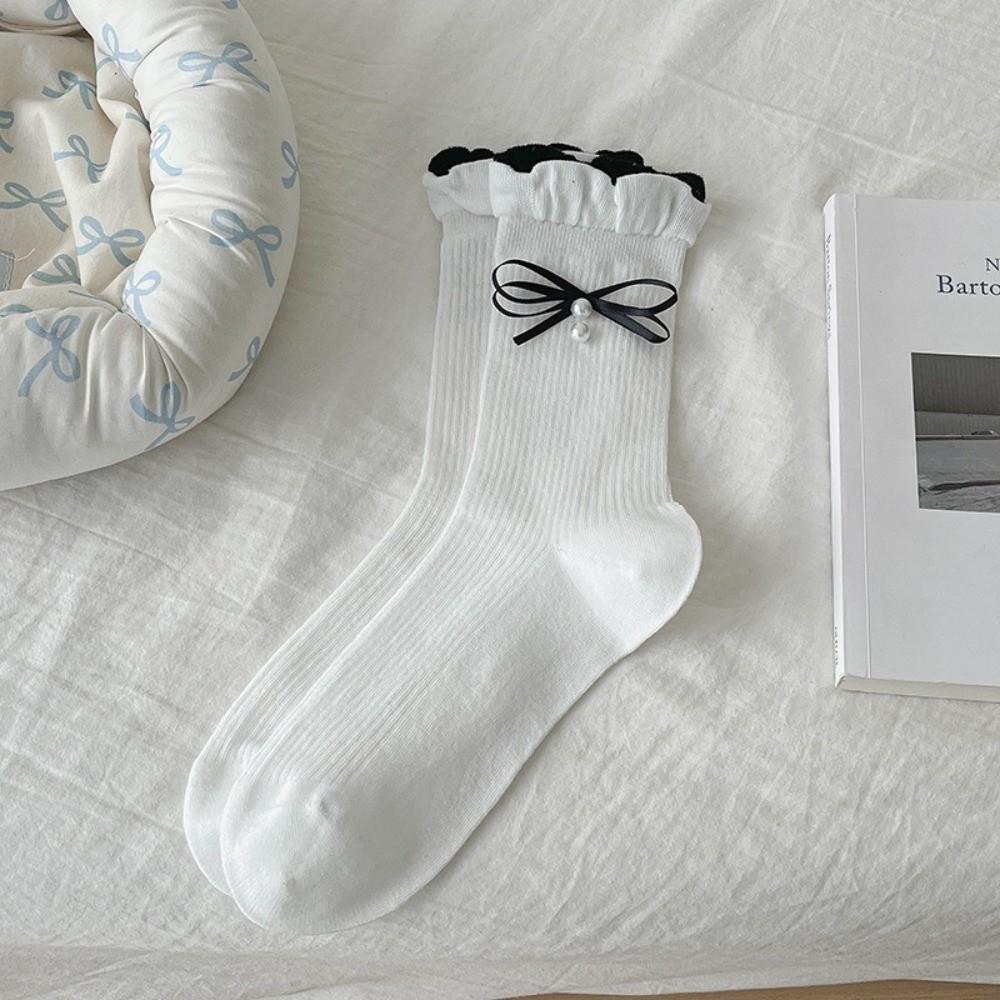 Cute Bow Socks Sweat Absorption Ruffle Socking New Mid Tube Socks  Spring and Autumn