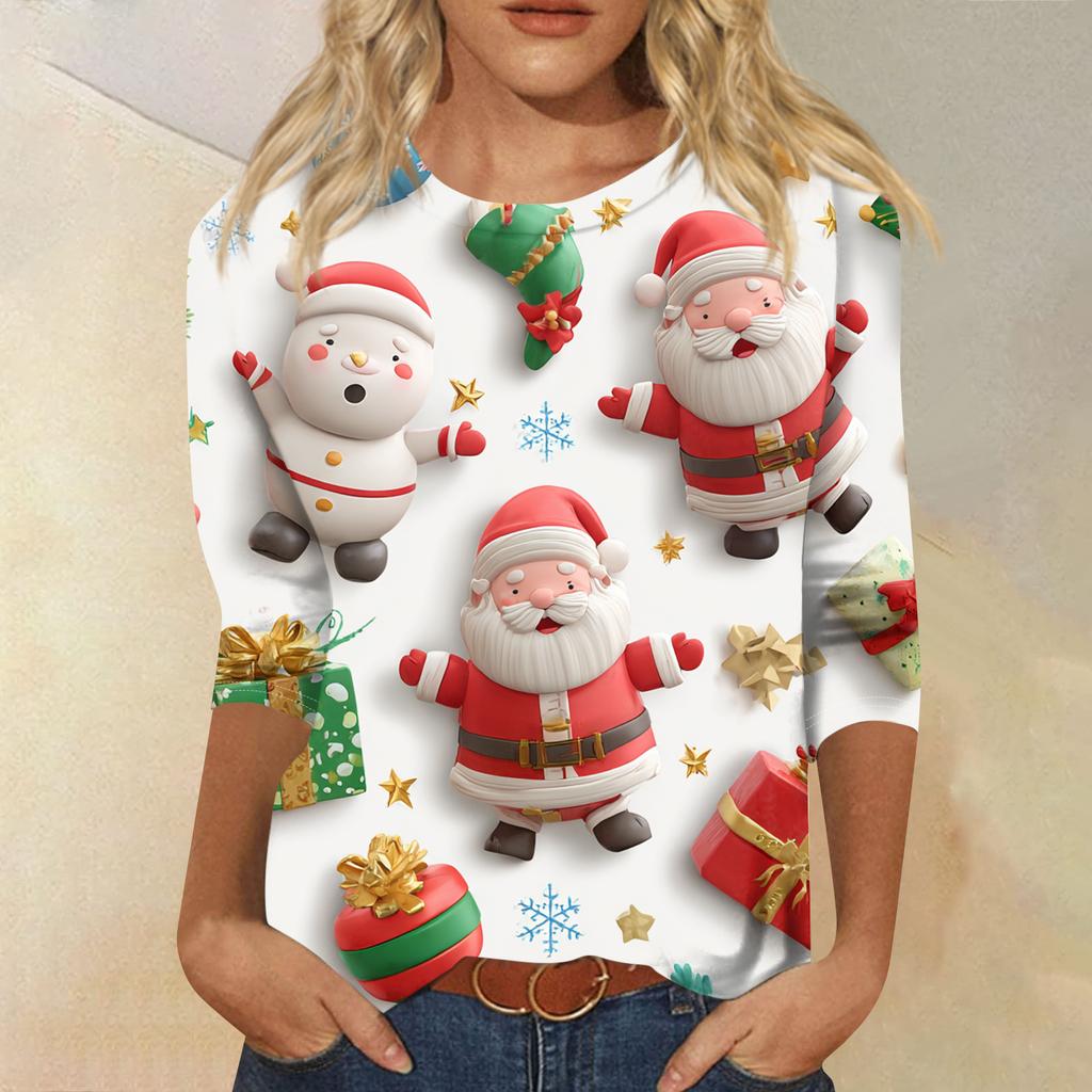 Women's Fashion Casual Round Neck Three-quarter Sleeve Christmas Print T-shirt Top