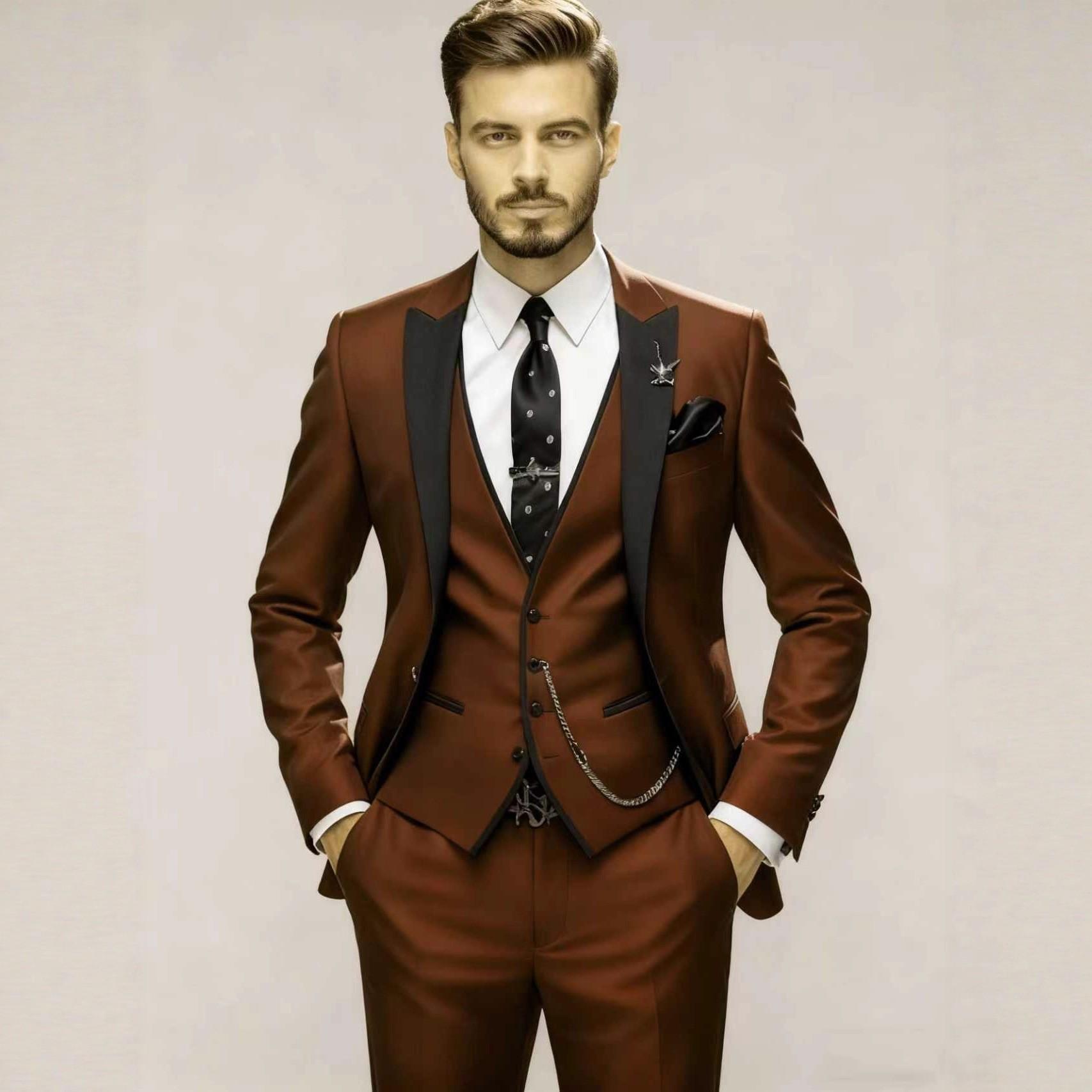 

Fashion Men s 3piece Suit Sets Casual Trendy Business Solid Color Turn-down Collar Sngle Button Blazers Trousers Male Clothes 5XL іржавий