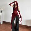 2KWEIRD Streetwear 90s Grunge Mesh See Through Hooded Tops Cyber Y2K Irregular Hem Ruffles Hoodie Women Slim Blouse with Cuffs