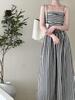 Luxi Women's High-Grade French Striped Off-Shoulder Tube Top Dress – A-Line Pleated Summer Long Skirt