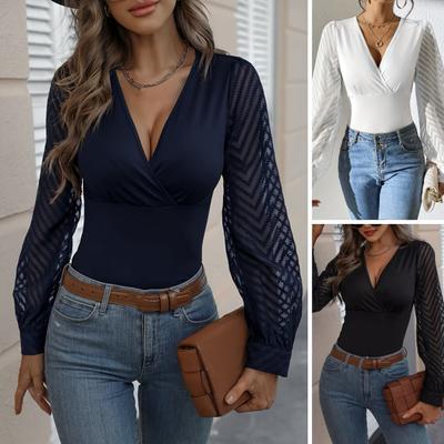 Women Tops V-Neck See-Through Lantern Long Sleeves Tee Shirt Solid Color Slim Fit Pullover Tops Daily Wear