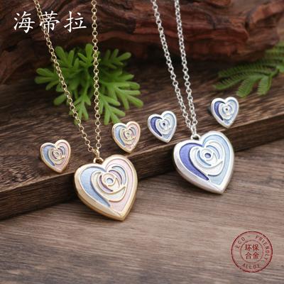 Luxury New Enamel Color Love Stud Earrings Pendant Set, Women's Simple and Fashionable Heart Stud Earrings Necklace Set