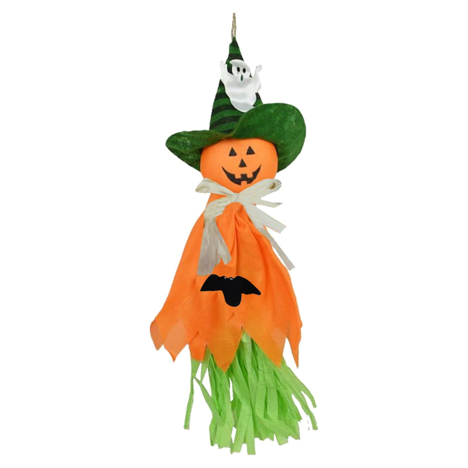 Halloween Hanging Pumpkin Witch Decoration with Ghost Hat and Bat Accent for Indoor Outdoor Party Decor