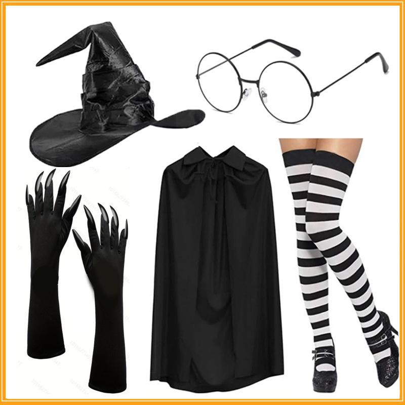 Halloween Green Witch Costume Set With Claw Gloves Striped Socks Wizard Hat Cloak And Round Glasses For Party Cosplay