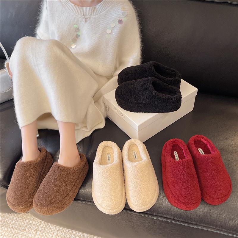2025 Autumn and Winter Outer Wear Ugly Cute Big Head Female Retro Bag Head Cotton Fluffy Half Slippers Velvet Warm One Pedal Lazy