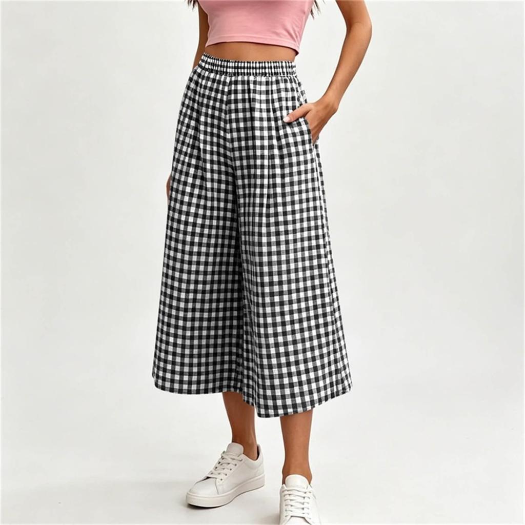 Women's Casual Loose Fit Wide Leg Plaid Pants with Elastic Waistband and Pockets