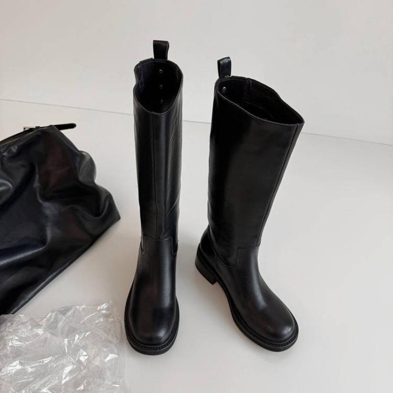 New women's leather Martin boots solid color versatile round head medium heel large size women's boots comfortable cowhide high boots