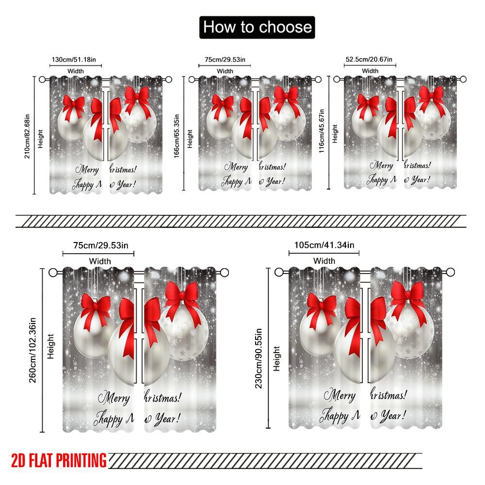 2pcs,2D Plane Printing Minimalist Curtains Christmas Baubles Red Bows (3) Polyester (without Rod) Gifts Use for Bedroom, Living