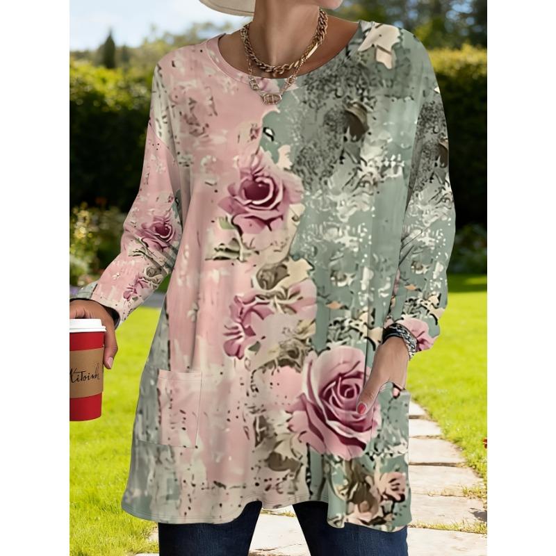 Women's Large Size Vintage Rose Print Long Sleeve T-Shirt with Pockets