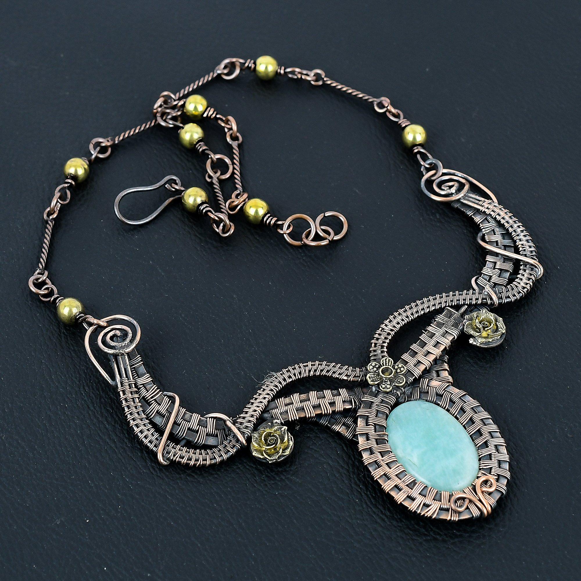 

Ожерелье из амазонита, украшения ручной работы, ожерелье, обернутое медной проволокой 999 пробы, дизайнерские украшения с драгоценными камнями, ожерелье с регулируемой цепочкой, подарок для мамы