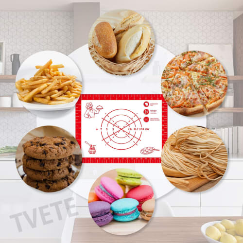 TVETE Cooking Mats (Set of 4) Silicone Kneading Mats with Measuring Pads, Heat-Resistant, Non-Slip, Baking Mats with Rolling Pin, Scraper, and Brush,