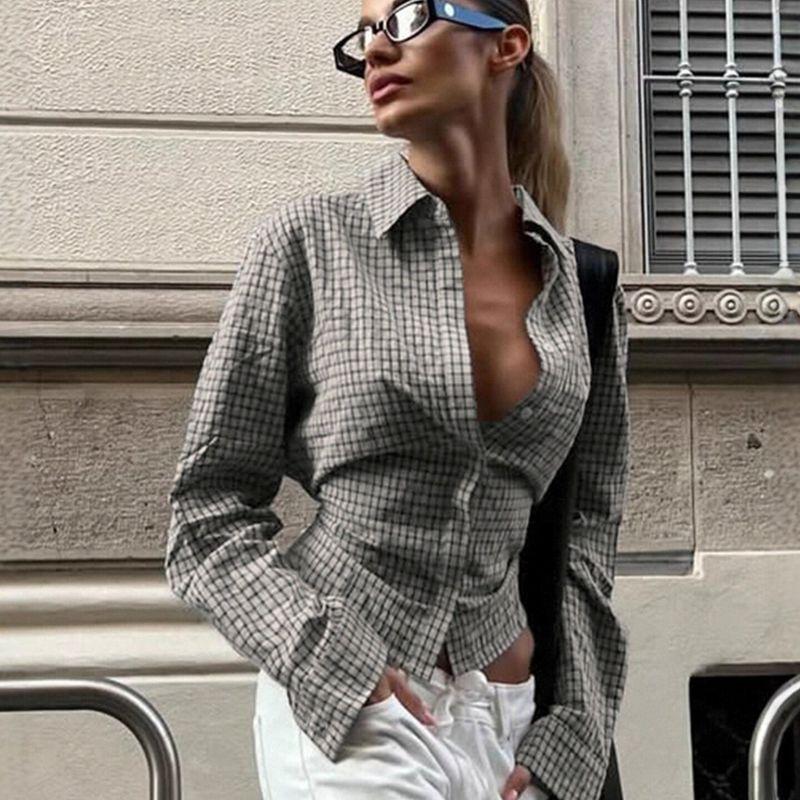 Trendy Design Commuter Plaid Shirt, Retro Fashion, European and American Style, Waist-Cinching Tie, Long-Sleeve Cardigan Top