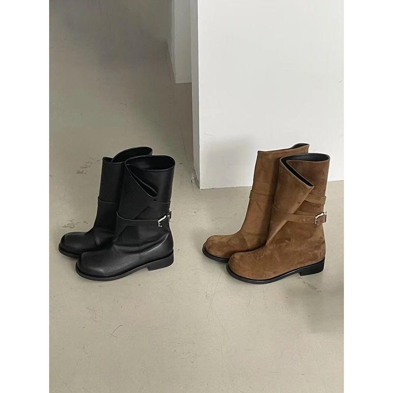 Cowhide version~ New niche wide tube western cowboy boots women's thick heel leather locomotive knight boots Martin boots