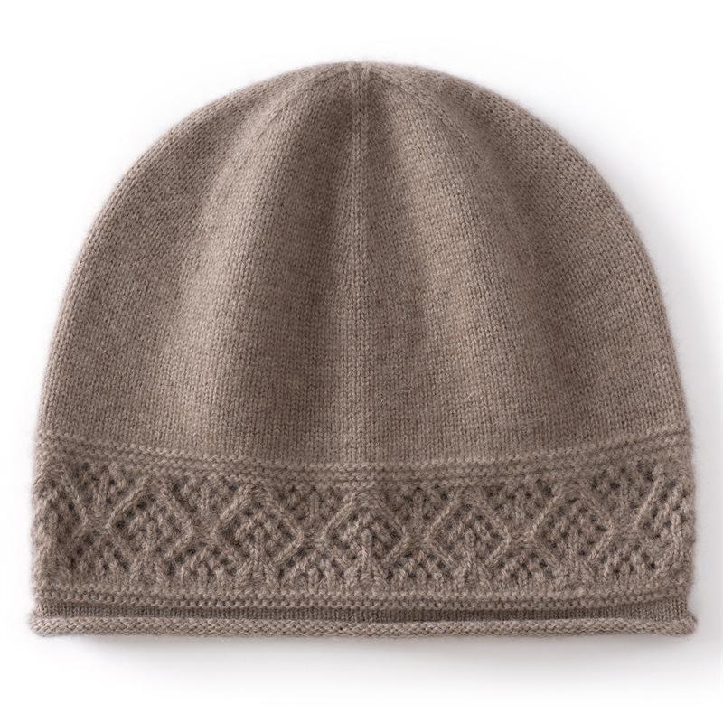New Cashmere Blended Rolled Edge Hollow Warm Knitted Dome Cashmere Cap