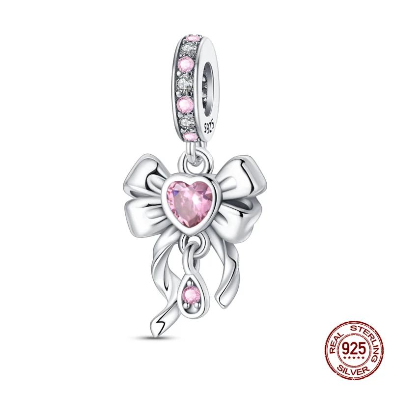925 Silver Pink Bow Girl Heart Pendant Charms Fits 3mm 925 Original Bracelet Necklace Womens Fine DIY Jewelry Gifts 2025 New in