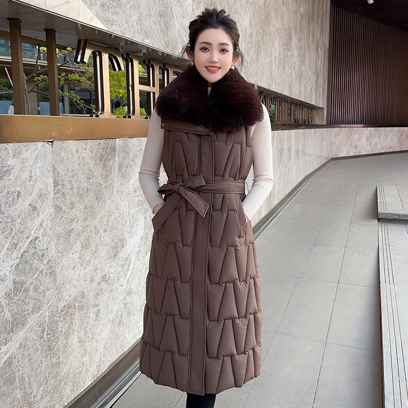 

Новый осенне-зимний длинный женский жилет без рукавов с воротником из искусственного меха, однотонный, утолщенный, теплый, спортивный, повседневный, свободный, легкий жакет 3XL темно-коричневого
