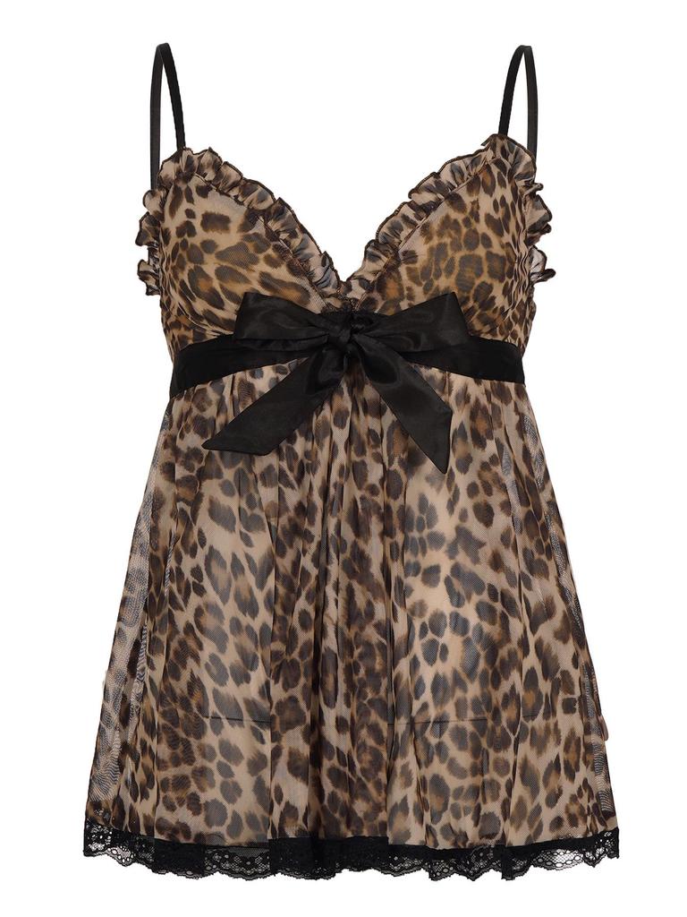 European Leopard Print Lace-Up Camisole with Bow Tie, Lace Trim, and V-Neck Slim Fit.