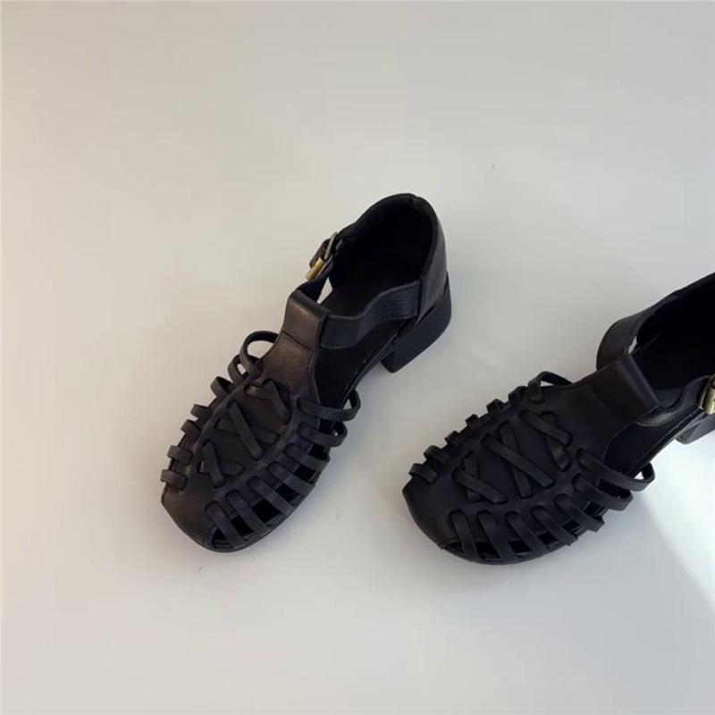 

Sheepskin version~ niche retro woven open-toed outer wear summer Roman sandals women s leather thick heel with sandals 40