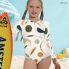 Girls Cream White High Neck Long Sleeve Front Zip Floral Printed One Piece Swimsuit