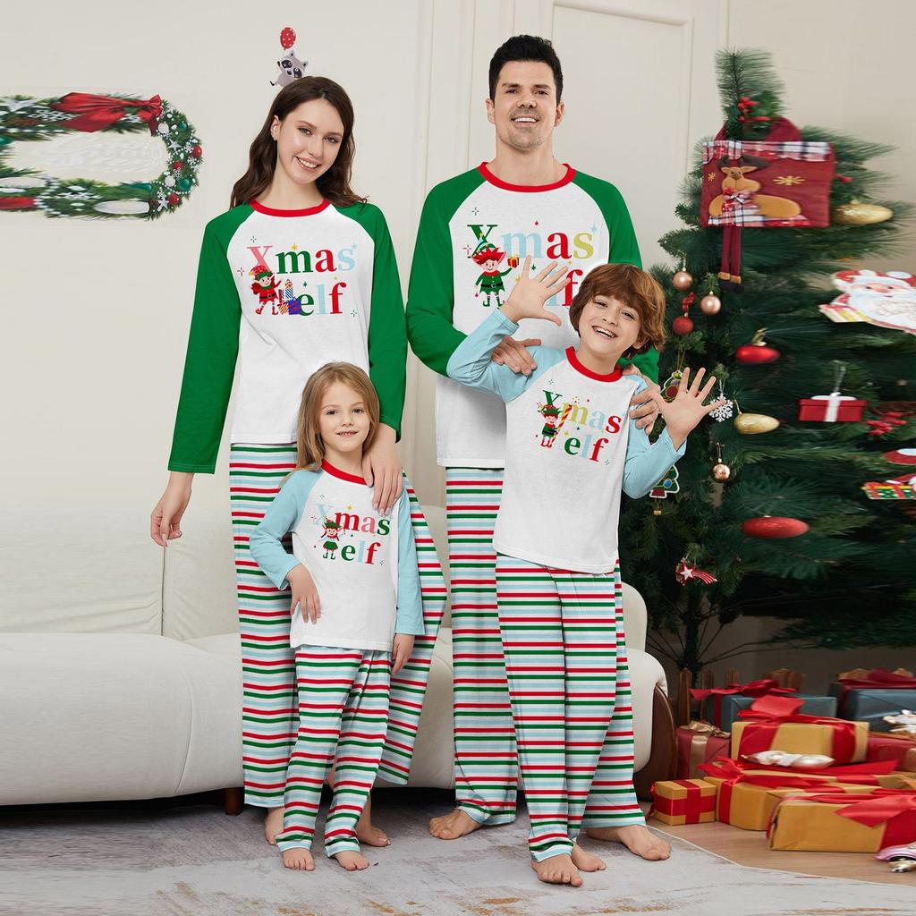 Christmas Parent-child Outfit Letter Print Long-sleeved Trousers Pajamas Set Striped Color Matching Home Clothes