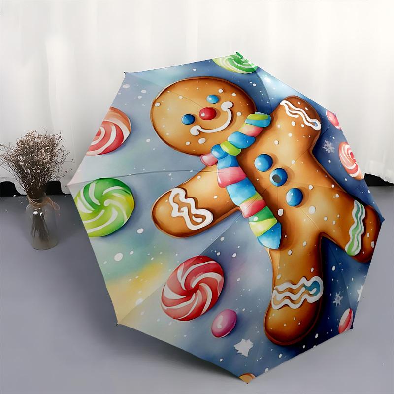 1pc Gingerbread Man Automatic Folding Umbrella, Portable 3-Fold Design with 8-Bone Iron Frame, Perfect for Festivals, Travel, Daily Use, and Gift Givi