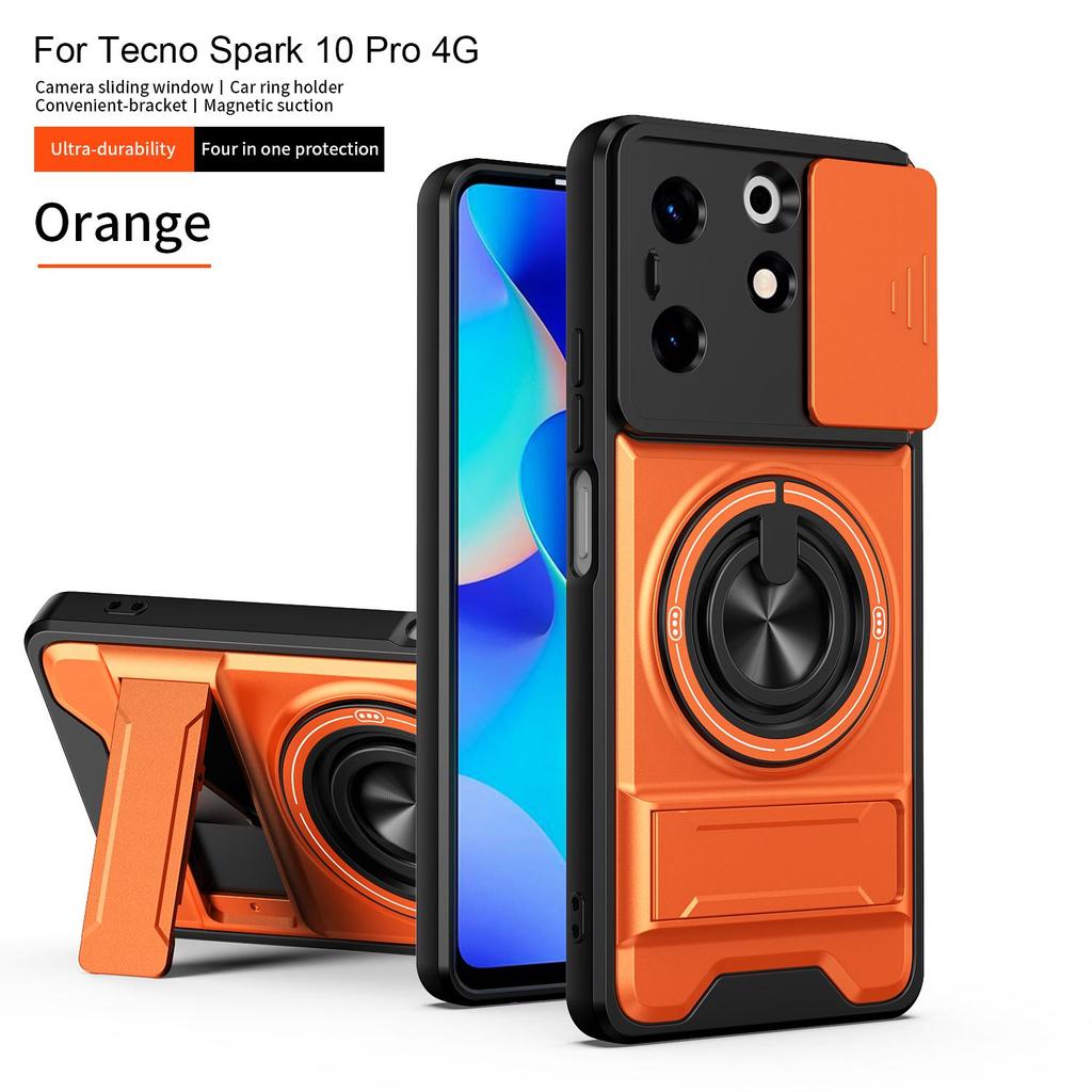 Slide Camera Cover Compatible for Tecno Spark 10 Pro 4G Case With Built-in Ring Stand and Folding Stand