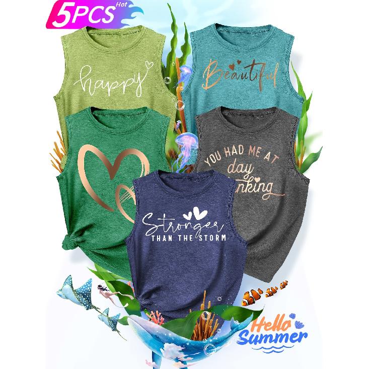 2026New Women's vest5Pieces Letter Heart Gold Foil Print Simple, Stylish, Casual, Versatile, Comfortable, Soft, Skin-friendly Spring/summer Top S-XXL