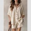European and American Cross-border Foreign Trade Women's Clothing 2026 Summer New Solid Color Loose-breasted Shirt Shorts Fashion Casual Suit