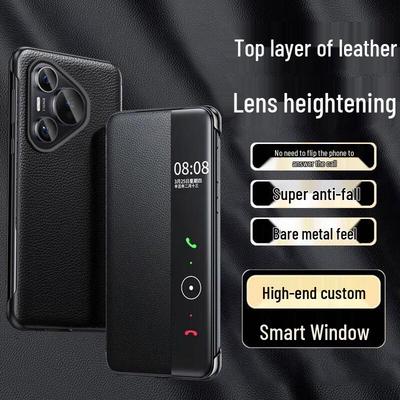 EDDGA Top Grain Leather Smart View Flip Phone Case for Huawei
