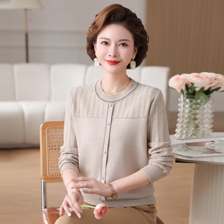 New Mother Spring Clothes Fashionable Round Neck Thin Sweater Middle-aged and Elderly Women's Long-sleeved T-shirt Base Top