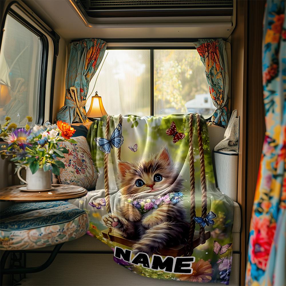 Cute Kitten On Swing Surrounded By Butterflies And Flowers Blanketcustomizable With Your Namecomfortable And Stylish Perfect For Travel Beds Chairs