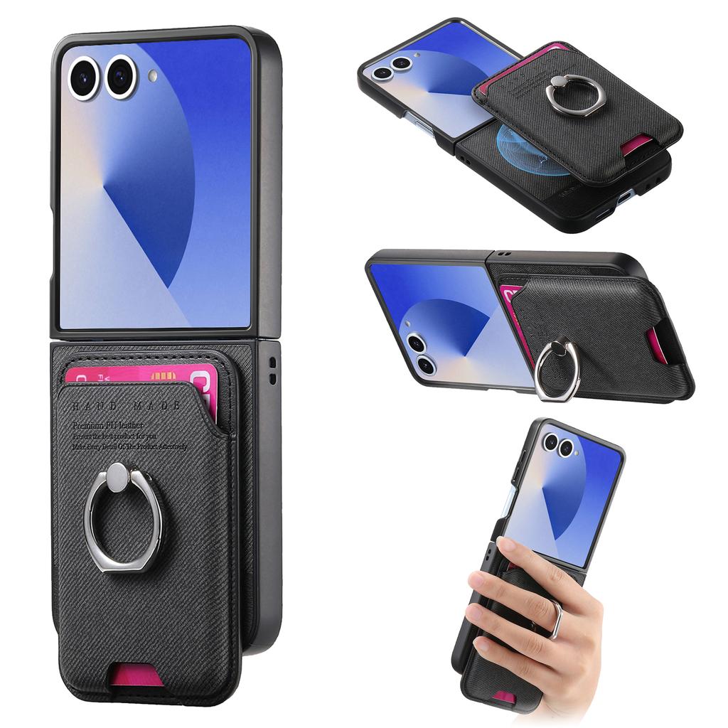 For Samsung Galaxy Z Flip7 5G Case Compatible with MagSafe Twill Texture Leather Back Cover with Card Bag